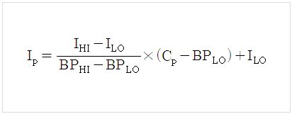 
                    Ip = (IHI - ILO)/(BPHI - BPLO)*(Cp-BPLO)+ILO :
                    Ip = 대상 오염물질의 대기지수점수,
                    Cp = 대상오염물질의 대기 중 농도,
                    BPHI = 대상 오염물질의 오염도 해당 구간에 대한 최고 오염도,
                    BPLO = 대상 오염물질의 오염도 해당 구간에 대한 최저 오염도,
                    IHI = BPHI에 해당하는 지수값(구간 최고 지수값),
                    ILO = BPLO에 해당하는 지수값(구간 최저 지수값)